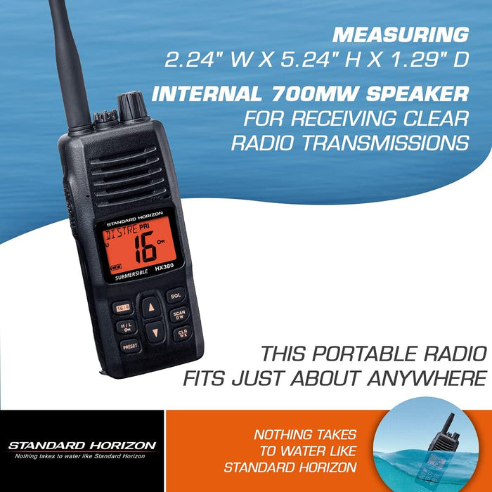 Standard Horizon HX380 5W Commercial Grade Submersible IPX-7 Handheld VHF Radio w/LMR Channels [HX380]