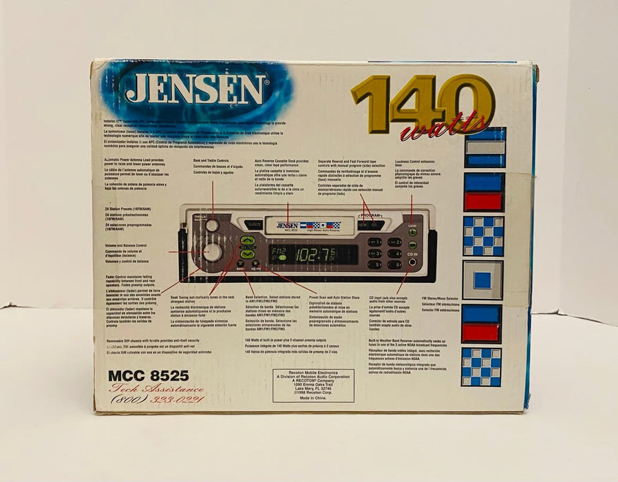 Jensen MCC8525 Car Marine Stereo Pullout Cassette AM/FM 4-way AUX CD-IN