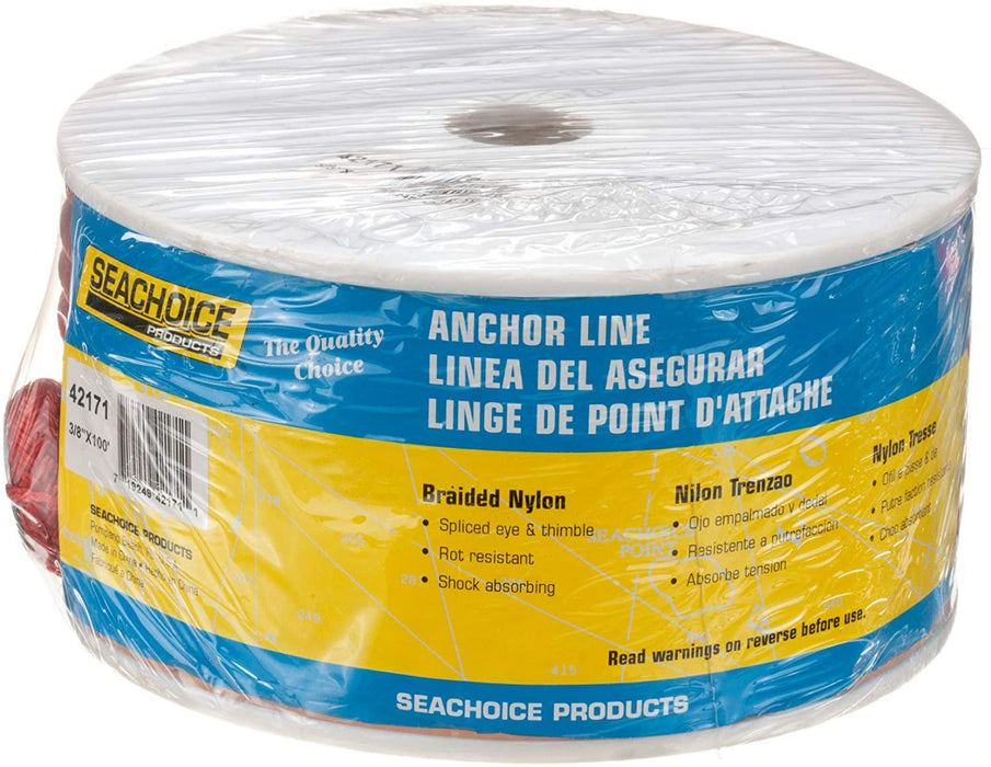 Seachoice 42171 Anchor Rope for Boating - Double Braid Nylon Anchor Line, ⅜-Inch x 100 Feet, Red