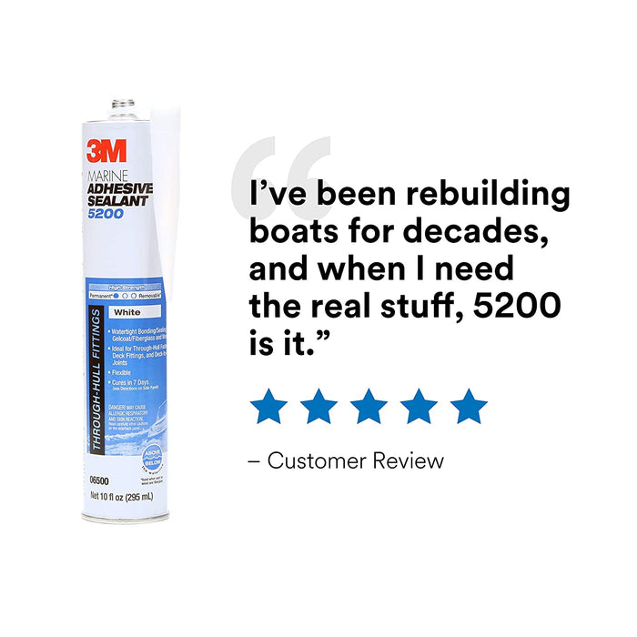 3M Marine Adhesive Sealant 5200 (06500) Permanent Bonding and Sealing for Boats and RVs Above and Below the Waterline Waterproof Repair, White, 10 fl oz Cartridge