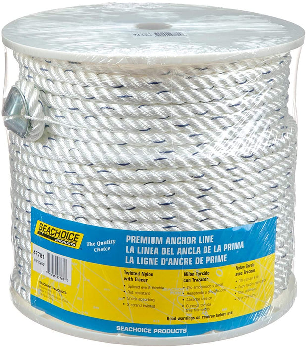 Seachoice 47781 Premium Anchor Rope for Boating - 3-Strand Twisted Nylon Anchor Line, ½-Inch x 250 Feet, White/Blue