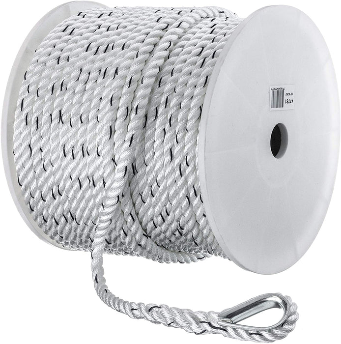 Seachoice 47781 Premium Anchor Rope for Boating - 3-Strand Twisted Nylon Anchor Line, ½-Inch x 250 Feet, White/Blue