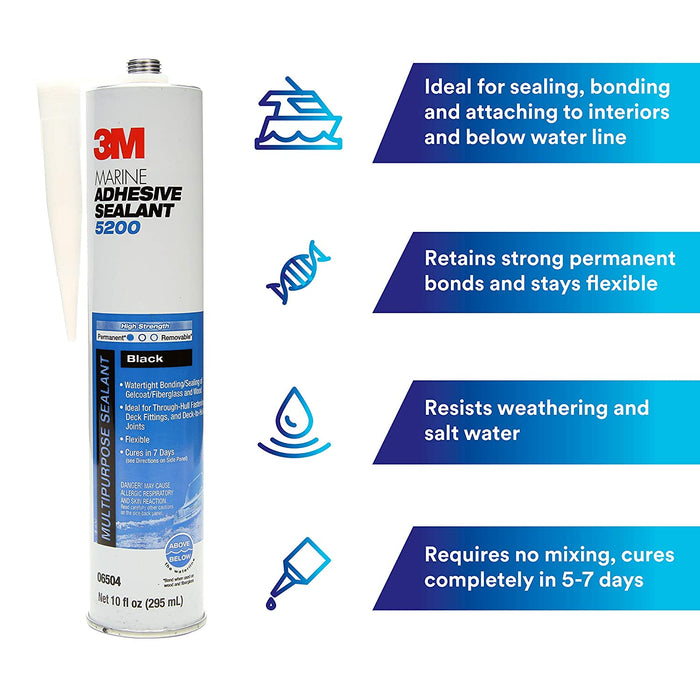 3M Marine Adhesive Sealant 5200 (06504) Permanent Bonding and Sealing for Boats and RVs Above and Below the Waterline Waterproof Repair, Black, 10 fl oz Cartridge