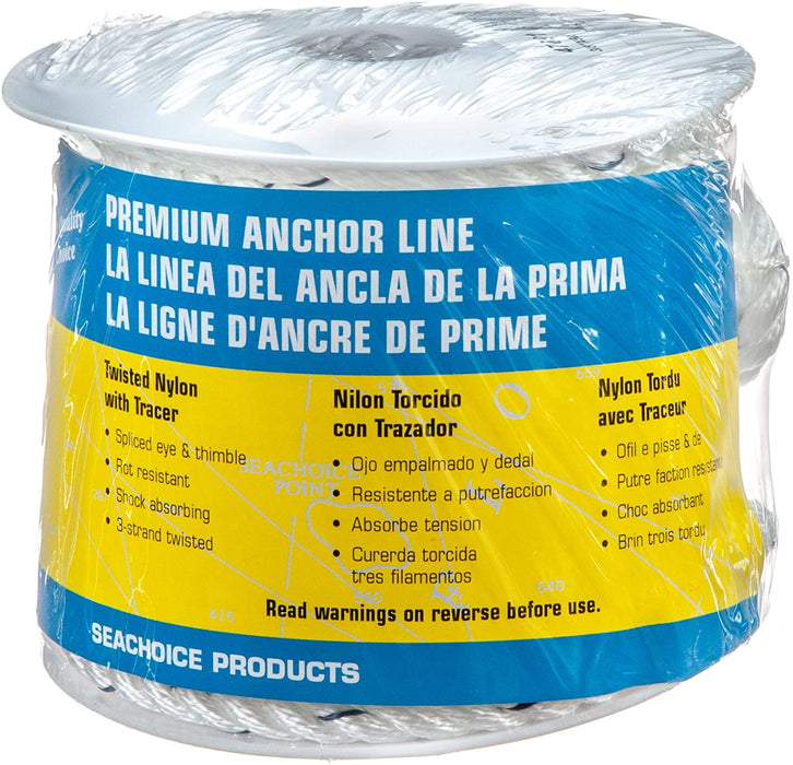 Seachoice 47691 Premium Anchor Rope for Boating - 3-Strand Twisted Nylon Anchor Line, ⅜-Inch x 50 Feet, White/Blue