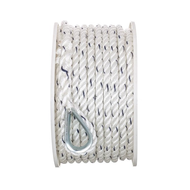 Seachoice 47711 Premium Anchor Rope for Boating - 3-Strand Twisted Nylon Anchor Line,3/8 In. x 100 Ft. White/Blue