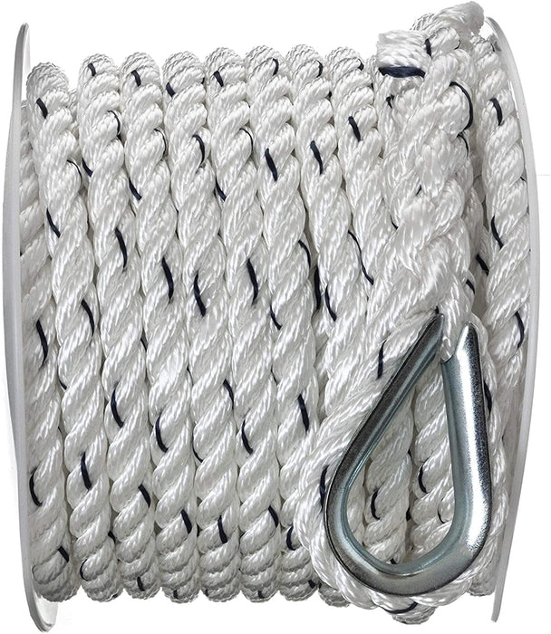Seachoice 47691 Premium Anchor Rope for Boating - 3-Strand Twisted Nylon Anchor Line, ⅜-Inch x 50 Feet, White/Blue