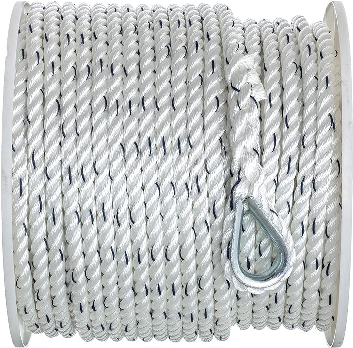 Seachoice 47781 Premium Anchor Rope for Boating - 3-Strand Twisted Nylon Anchor Line, ½-Inch x 250 Feet, White/Blue